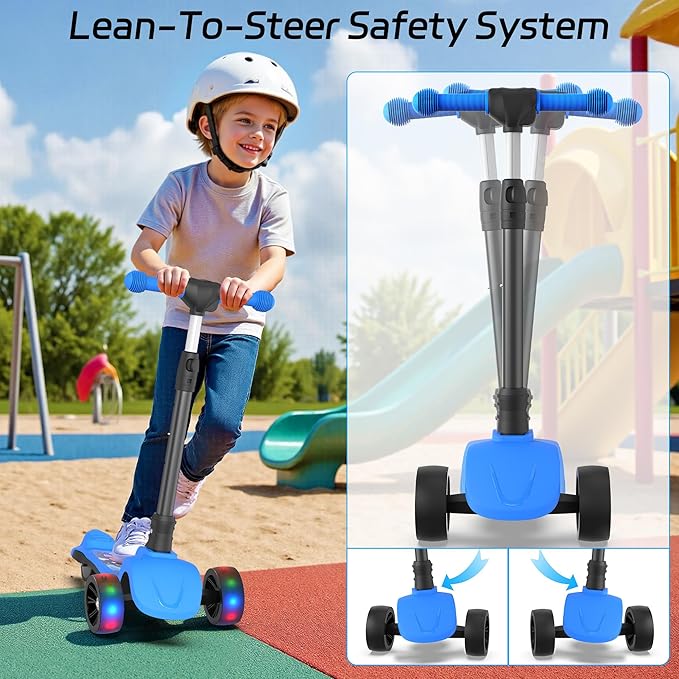 VOLPAM C001 Electric Scooter for Kids, 80W Motor, Max Safe Speed 5MPH, 3 Adjustable Height, Lean-to-Steer, 3.5" Lighted Up Wheel, Foldable Scooter for Boys & Girls, Max Load 110lbs