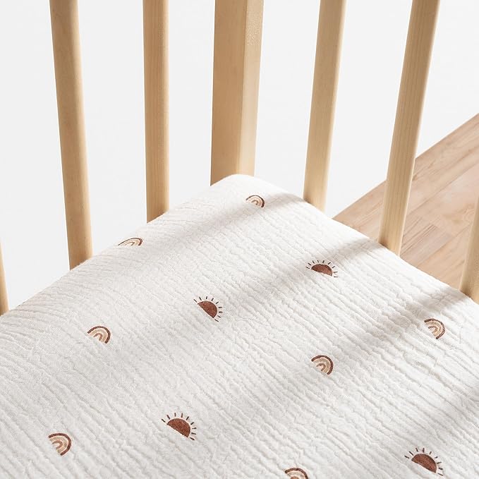 Meracorallo Muslin Fitted Crib Sheet, Soft and Breathable Baby Crib Sheet for Standard Crib and Toddler Mattresses, Sun Rainbow