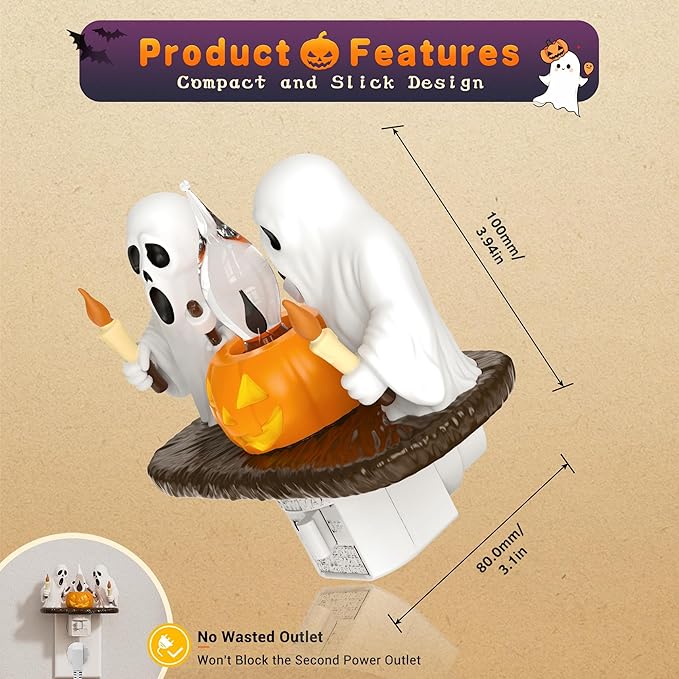 Halloween Night Light,Amber Night Lights Plug into Wall,Cute & Funny Flaming Jumping Night Light,Plug in Ghost & Pumpkin Nightlight with 360° Rotatable for Kids Halloween Party Decor, 2 Pack