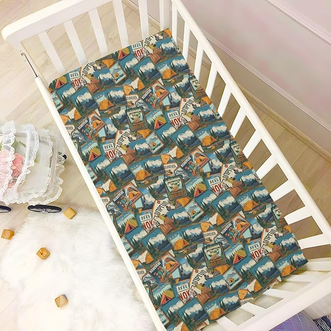 Fitted Crib Sheets for Baby Boys or Girls Soft Breathable Baby Play Yard Sheet for Standard Size Crib Mattress 52x28in Camping National Park Colorful Labels Emblems (3)