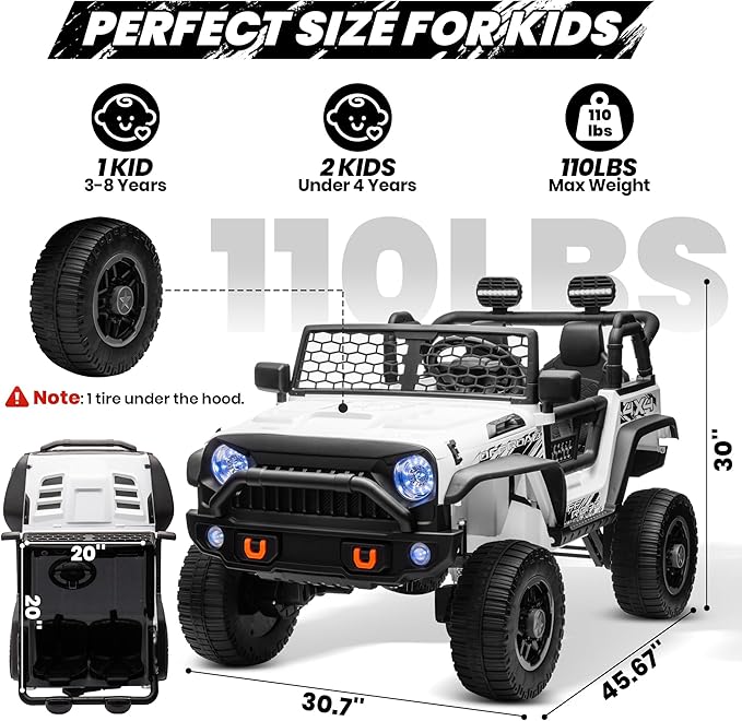 24V XL 2 Seater Ride On Toys for Big Kids, 4WD/2WD Switchable 800W Electric Truck w/20'' Wide Seat, Remote Control, 4-Wheeler Suspension, Xmas & Birthday Gift Ideas for Boys Girls, White