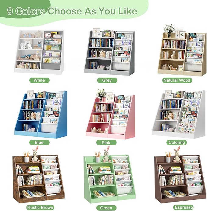 HedoAjim Kids Bookshelf Toddler Bookcase Children Book Rack Baby Toy Storage Organizer Child Book Display Shelf 4-Tier 5 Layer Sling Cabinet Chest Playroom Bedroom Classroom Library Green