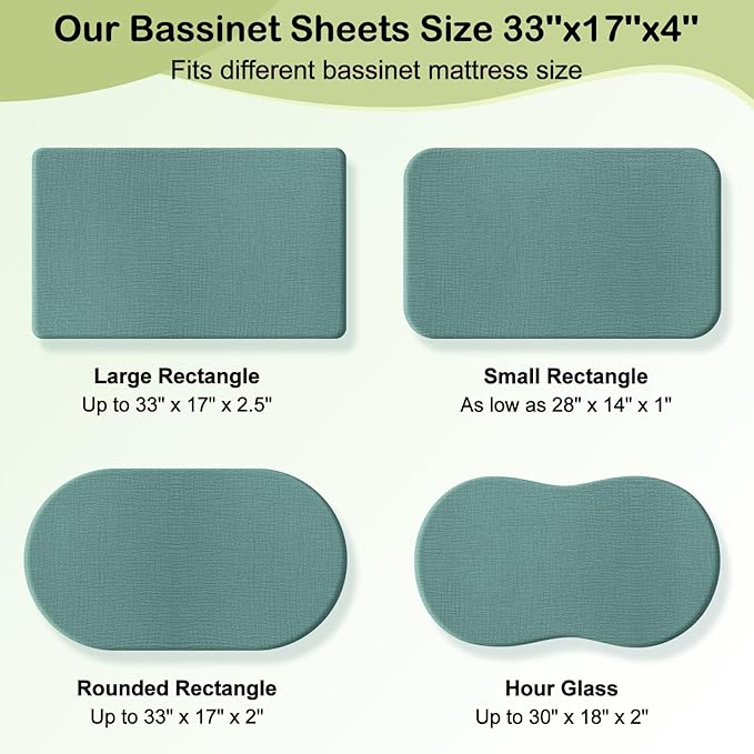 Baby Bassinet Sheets TPU Waterproof 2 Pack Soft Muslin Bedside Bassinet Mattress Sheets with Bottom Elastic Band for Baby Boy Girls Unisex Fit Hourglass Oval and Rectangle, Green Ivory