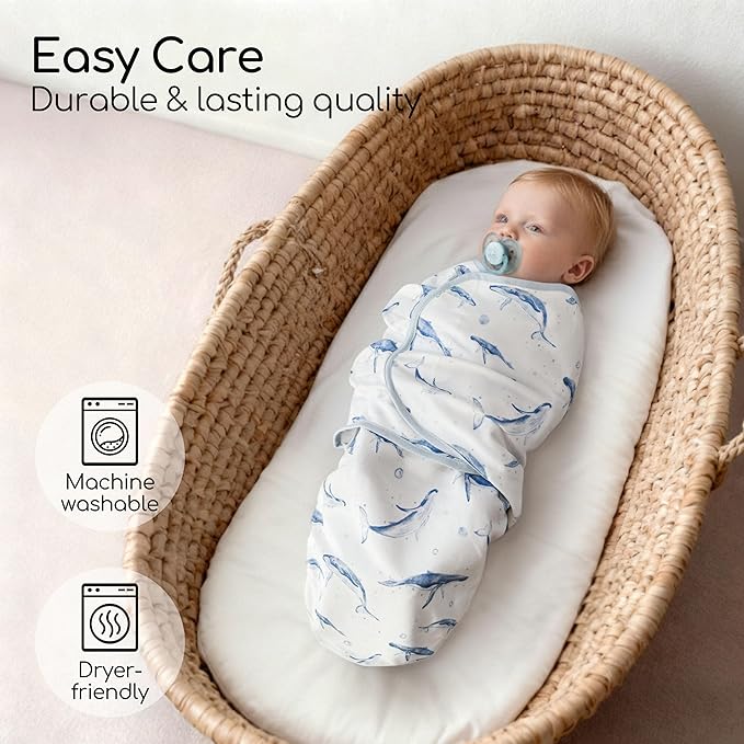 Baby Swaddles for Newborn Organic Cotton,Soft & Snug Newborn Velcro Swaddle 0-3 Months Sleep Sack Helps Calm Startle Reflex, 2-Pack Wrap Nursery Swaddling Blankets Whale