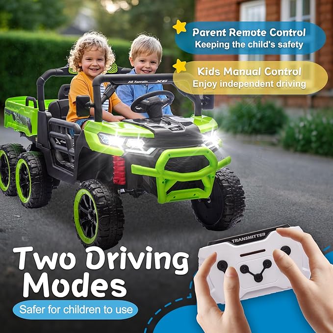 24V 2 Seater 4WD 6x6 Ride On Dump Truck with Remote Control, Ride on Toys for Big Kids with 20inch Seat, 3 Speeds, 4X100 Motors, Music, Ride on Truck for Toddler Boys Girls, Green