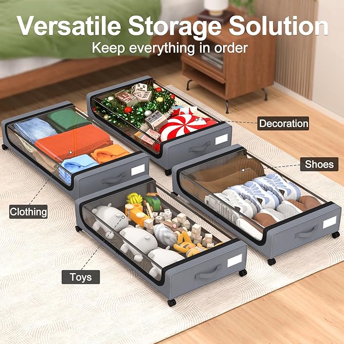 GoMaihe Under Bed Storage with Wheels: XXL Underbed Storage Containers with Lids - Rolling Bins for Shoes Clothes in Dorm Bedroom - Metal Drawers Easy Pull-out Grey 4-Pack