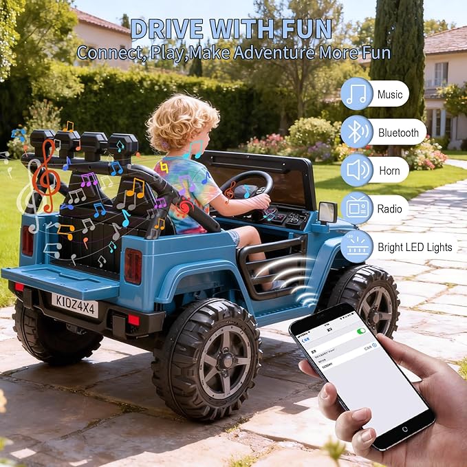 24V Ride on Toys for Big Kids, 2 Seater Ride on Car w/Remote Control, 4x4 Ride-on Truck with 4 Motors, 3 Speeds Adjustable, 4 LED Lights, Bluetooth & Music, Electric Car for Kid Toddler 3-8, Lake Blue