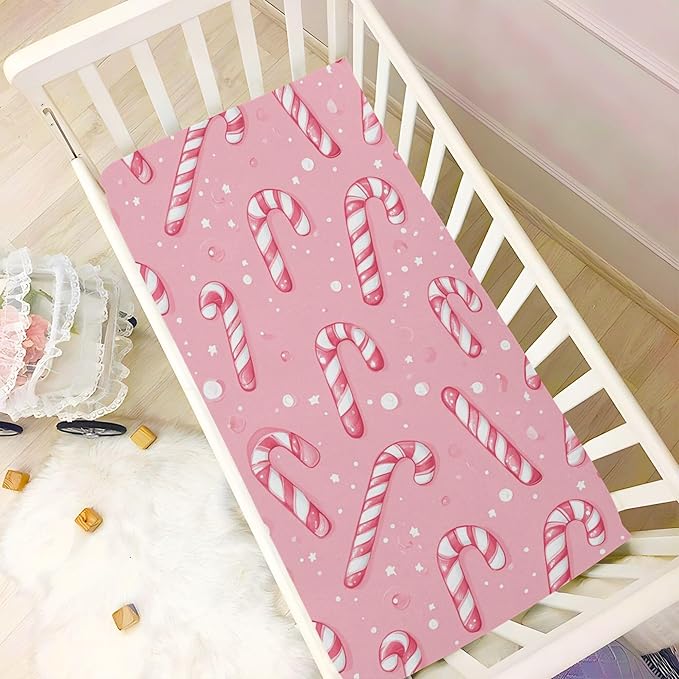 Christmas Pinks Candy Cane Crib Sheets Soft Breathable Fitted Baby Crib Sheets Mattress Cover for Girls Boys, 52" x 28" x 9"