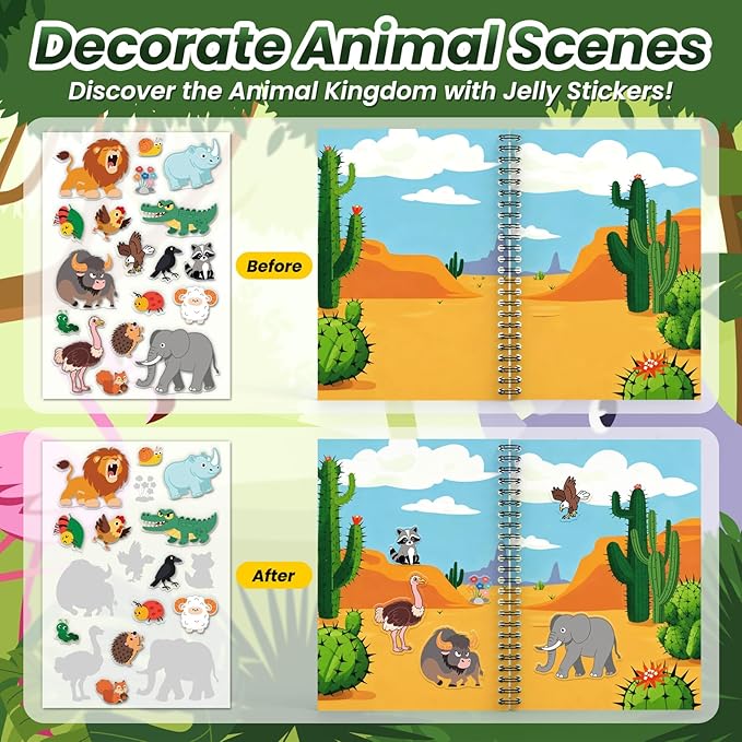 Animals Reusable Sticker Book for Toddlers, DIY Make-a-face Animals Fun Jelly Stickers, Washable Puffy Stickers for Kids Toys, Airplane Road Trip Travel Activities Essentials for Kids 3 4 5 Years