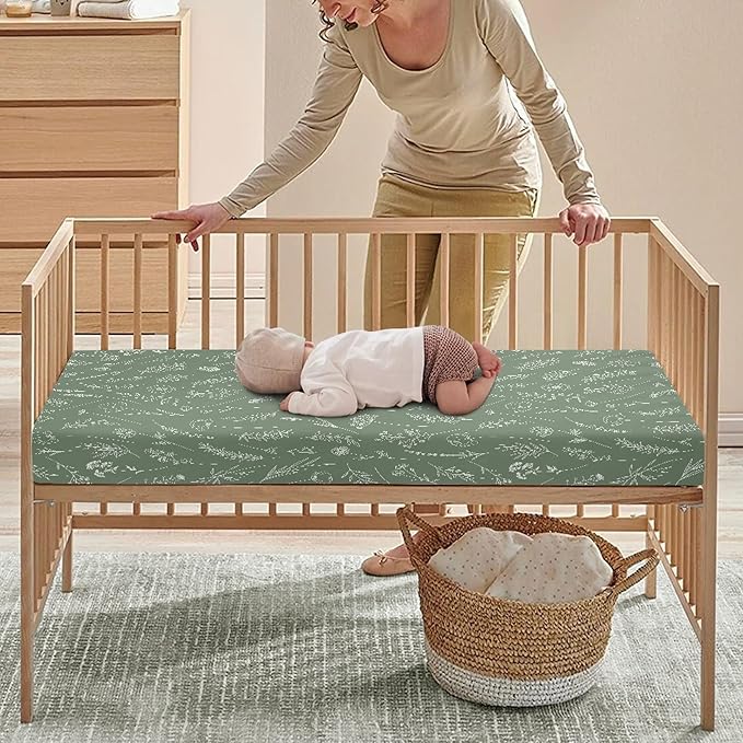 Wildflowers Meadow and Flowers Fitted Crib Sheet Green Sage Baby Crib Sheet Fit Standard Crib and Toddler Mattress,Crib Mattress Sheets for Boys Girls 28"x52"