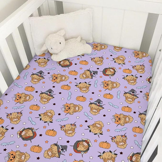Highland Cow Halloween Baby Crib Sheets for Boy Girl Western Cowboy Fall Pumpkin Bats Soft Snug Fitted Crib Mattress Covers for 52''x28'' Standard Crib & Toddler Mattress Spooky Farm Animal Bed Sheet