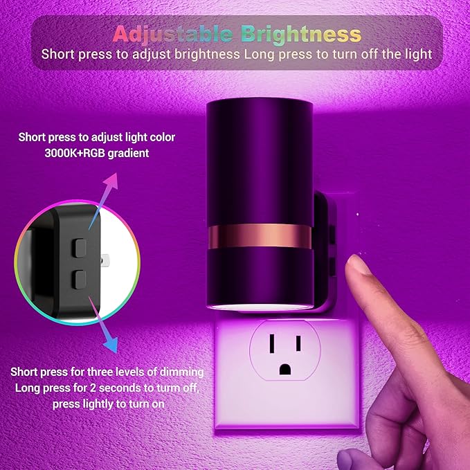 JandCase Night Lights Plug into Wall,2 Pack 10-Color Change RGB Night Light with Dusk to Dawn, 10/25/50/75/100LM Dimmable Plug in LED Nightlight for Bedroom, Hallway, Stairs
