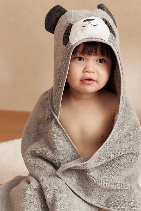 MORI Boys and Girls Hooded Panda Bath Towel in Grey - Unisex Kids Soft Blanket - Ultra Absorbent and Long Lasting - One Size