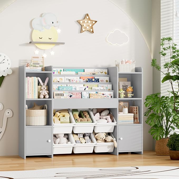 FINETONES Toy Storage Organizer with 6 Toy Bins, Toy Organizer Kids Bookshelf with 6 Cubbies, Toy Organizers and Storage Bins Playroom Storage for Kids Room, Grey