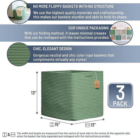NaturalCozy 13x15x13 Kallax Storage Cubes Bins, 3 Pack | Cotton Rope Cube Storage Bin Woven Baskets for Organizing | Kallax Insert Storage Baskets for Shelves Organizer, Kids Toy, Closet Baby Nursery
