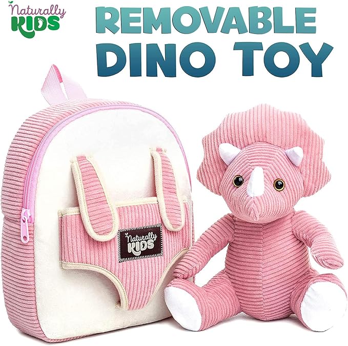 Naturally KIDS Pink Triceratops Toy, Triceratops Stuffed Animal for 2 3 4 5 Year Old Girl, Stuffed Dinosaur for Girls, Pink Toddler Backpack