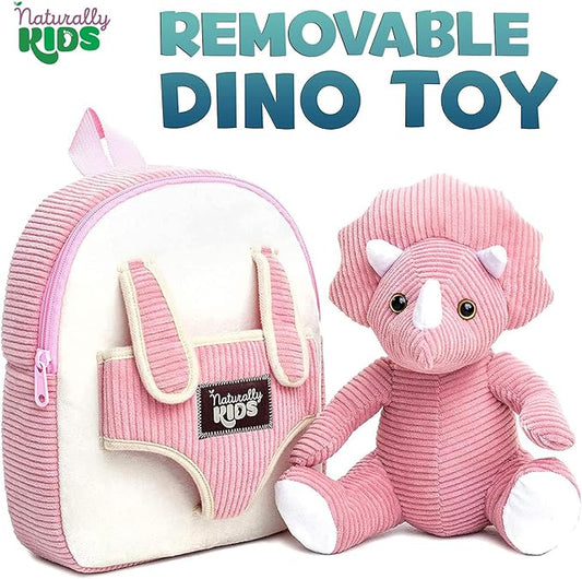 Naturally KIDS Pink Triceratops Toy, Triceratops Stuffed Animal for 2 3 4 5 Year Old Girl, Stuffed Dinosaur for Girls, Pink Toddler Backpack