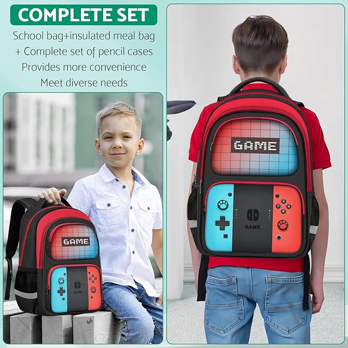 JIRAIKEI Kids Backpack For Boys，Gamer Boys Backpack For Children Teens Elementary Middle School, 17″ Students Bookbag