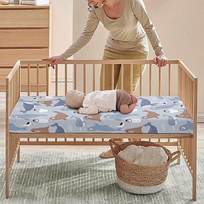 Cute Arctic Animals Fitted Crib Sheet for Boys Girls Seal Penguin Walrus Whale Albatross Baby Sheet for Standard Crib and Toddler Nursery Bed Mattress Sheets 28"x52"