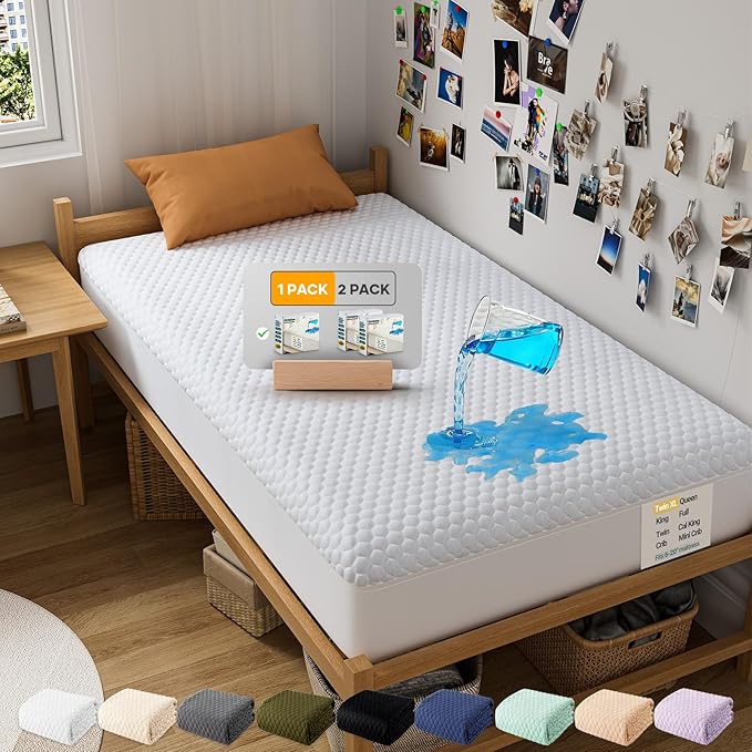 OhGeni 100% Waterproof Mattress Protector,Twin XL Size Mattress Soft Pad,Pet Hair & Bedwetting Resistant,Cooling Fitted Sheets,Washable Bed Cover,Non-Slip Deep Pocket,Noiseless for College Dorm Rooms