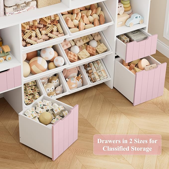 HORSTORS 55" W Toy Storage Organizer with Drawers, Large Kids Toy Storage Box with Removable Bins, Tall Kids Bookshelf and Bookcase for Boys and Girls, Modern Toy Chest for Playroom, Classroom, Pink