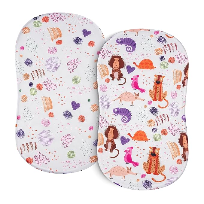 TILLYOU Baby Bassinet Sheets for Girls Boys, Fit for Hourglass Oval Rectangle Bassinet Mattress Sheets, 33”X16”, 2 Pack Animal Graffiti & dot Printing