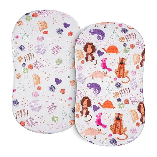 TILLYOU Baby Bassinet Sheets for Girls Boys, Fit for Hourglass Oval Rectangle Bassinet Mattress Sheets, 33”X16”, 2 Pack Animal Graffiti & dot Printing