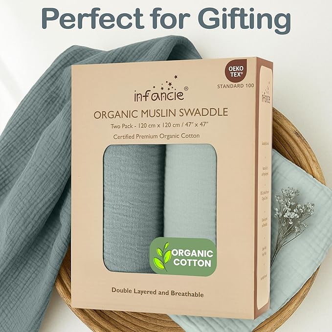 Organic Cotton Muslin Baby Blanket - 47x47 Inch Breathable Swaddle, Hypoallergenic Double-Layer, Versatile Use (Green/Mint Green, 47x47 Inch)