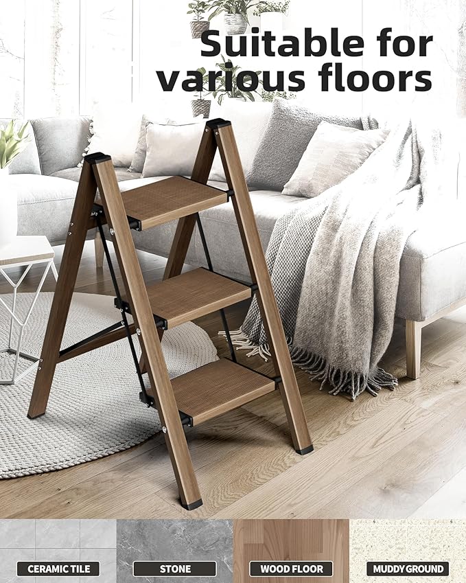 HillhutApex 3 Step Stool, Aluminum Foldable Step Ladder, Lightweight Stable Stool with Wide Non-Slip Pedals, 330lbs Bearing Capacity Ladder for Office,Home,Kitchen - Walnut