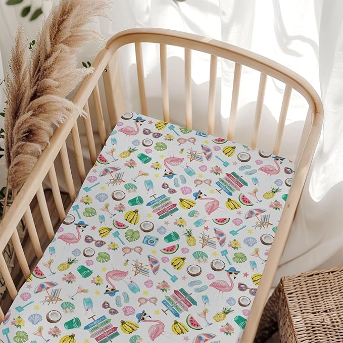 Surf Beach Summer Baby Crib Sheets for Boy Girl 28"x52" Flamingo Tropical Leaves Floral Fruits Soft Stretchy Fitted Crib Mattress Cover Beach Party Vacation Baby Sheet for Crib & Toddler Bed Mattress