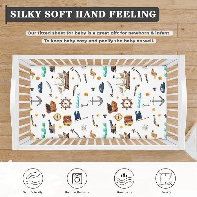 Watercolor Pirate Ship Fitted Crib Sheet for Boys Girls Map Anchor Flag Helm Telescope Baby Sheet for Standard Crib and Toddler Nursery Bed Mattress Sheets 28"x52"