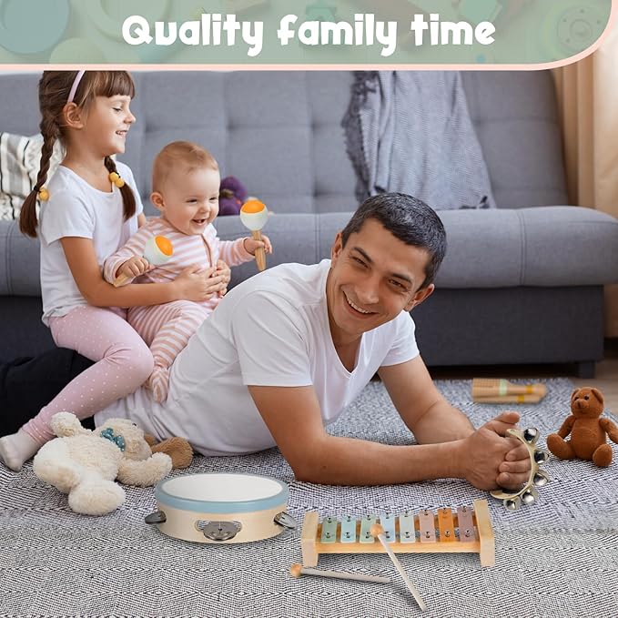 Stoie's Wooden Toddler Musical Instruments with Xylophone, Maracas, Triangle, Tamburine for Babies and Kids, Eco Friendly Montessori Educational Toy