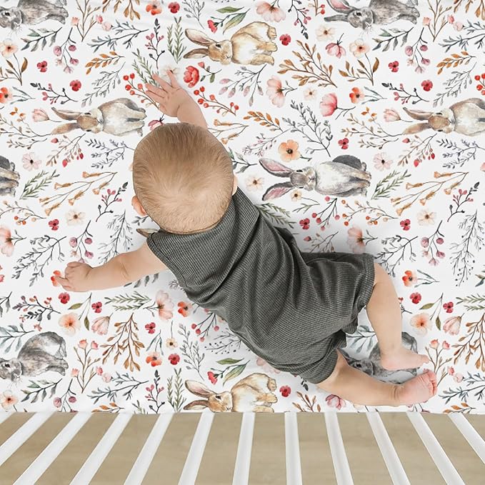 Vintage Rabbit Boho Floral Baby Crib Sheets for Boy Girl 52"x28" Retro Bunny Wild Flowers Soft Stretchy Fitted Crib Mattress Cover Spring Garden Animal Baby Sheet for Standard Crib & Toddler Mattress