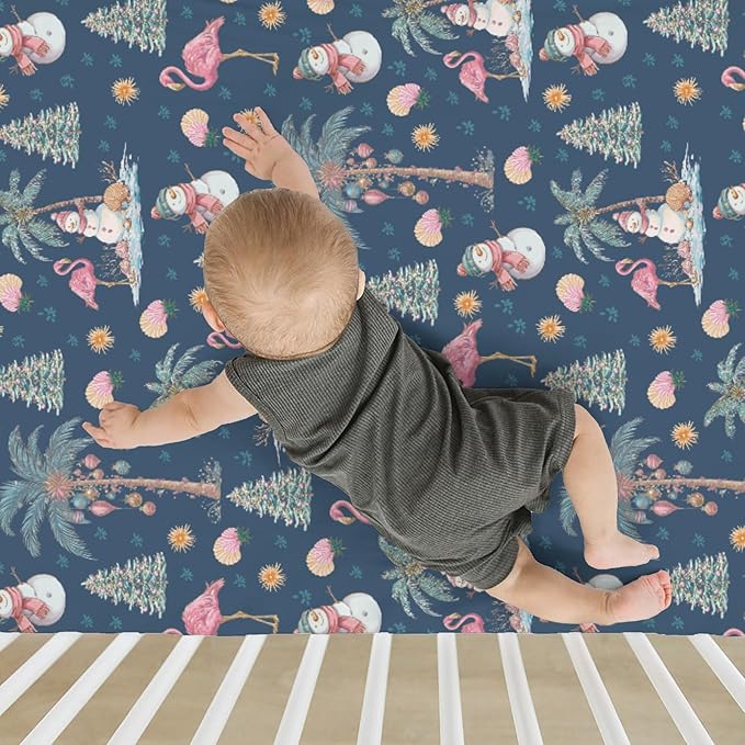 Preppy Beach Christmas Baby Crib Sheets for Boy Girl 52x28 Flamingo Palm Trees Snowmen Coastal Soft Snug Fitted Crib Mattress Cover Tropical Christmas Baby Sheet for Standard Crib & Toddler Mattress