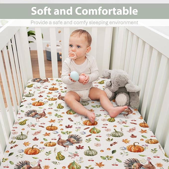 Thanksgiving Turkey Pumpkins Baby Crib Sheets for Boy Girl 52"x28" Vintage Autumn Leaves Soft Stretchy Fitted Crib Mattress Covers Fall Harvest Baby Sheet for Standard Crib and Toddler Bed Mattress