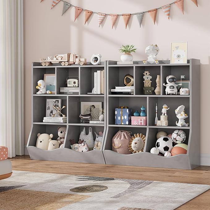 GarveeHome Grey Toy Storage Cabinet, Three-Tier Kids Bookshelf and Bookcase for Storage Books and Toys, Multi Shelf with Cubby Organizer for Bedroom and Playroom