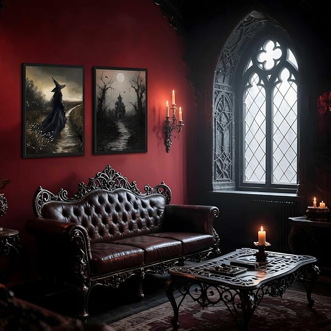 Framed Dark Academia Wall Art Set of 3, Vintage Gothic Skull Witch Wall Decor Paintings, Rustic Moody Spooky Haunted House Prints Pictures for Halloween Living Room 16x24 Inch