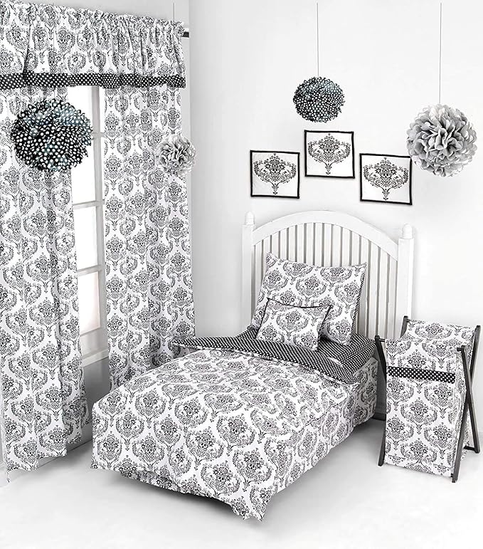 Bacati - Classic Damask Black/White 4 Pc Neutral dler Bedding Set 100 Percent Cotton Includes Reversible Comforter, Fitted Sheet, Top Sheet, and Pillow Case for Boys/Girls