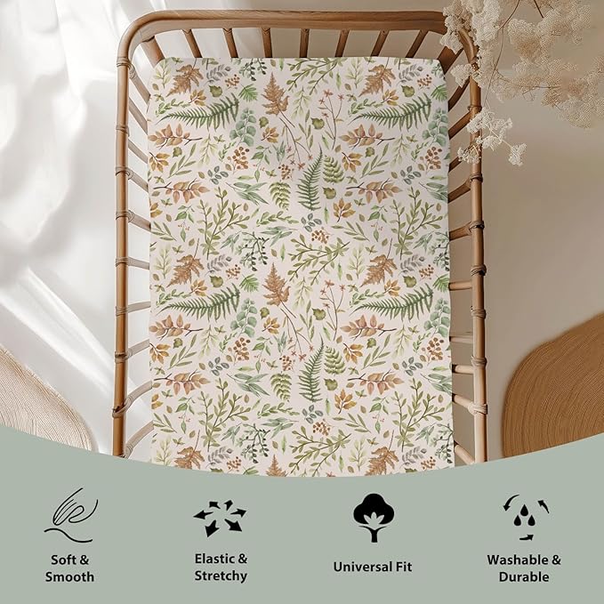 Cream Autumn Ferns and Leaves Baby Crib Sheets for Boy Girl 52"x28" Fall Autumn Leaves Soft Snug Fitted Crib Mattress Cover Thanksgiving Harvest Baby Sheet Fits Standard Crib and Toddler Bed Mattress