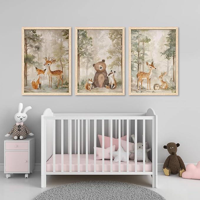 ICHZUMW Woodland Nursery Decor Wall Art Set of 3, Cute Forest Friend Animal Canvas Prints Bear Fox Deer Pictures, Nature Watercolor Paintings, Baby Room Kids Bedroom Playroom, Neutral Artwork 16x24in
