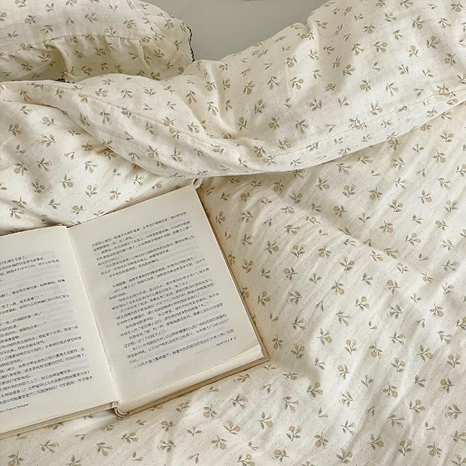 BuLuTu Chic Shabby Vintage Floral Duvet Cover Twin for Kids Girls Boys 100% Cotton Muslin Ruffled Quilt Cover Twin, 68"x86", Sprout Print, Soft Breathable, Zipper Closure, No Pillowcase