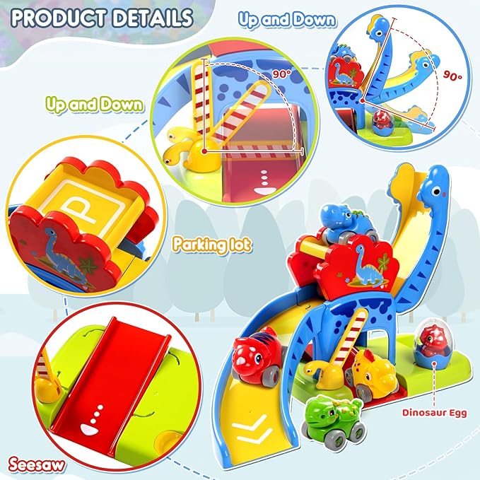 Marstone Toddler Toys for 1 Year Old Boy Gifts: Dinosaur Slide with 4 Animal Cars Educational Baby Toys 12-18 Months, First 1st Birthday Gifts for Kids, Girls, Push Car Race Track for Toddlers 1-3