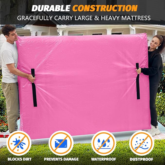 Mattress Bags for Moving, BETU Mattress Protector Waterproof Mattress Cover Queen Size Storage Bags with 8 Heavy-Duty Handles and Zipper for Bed Extra Thick Large Reusable (82"x62"x15" Pink)