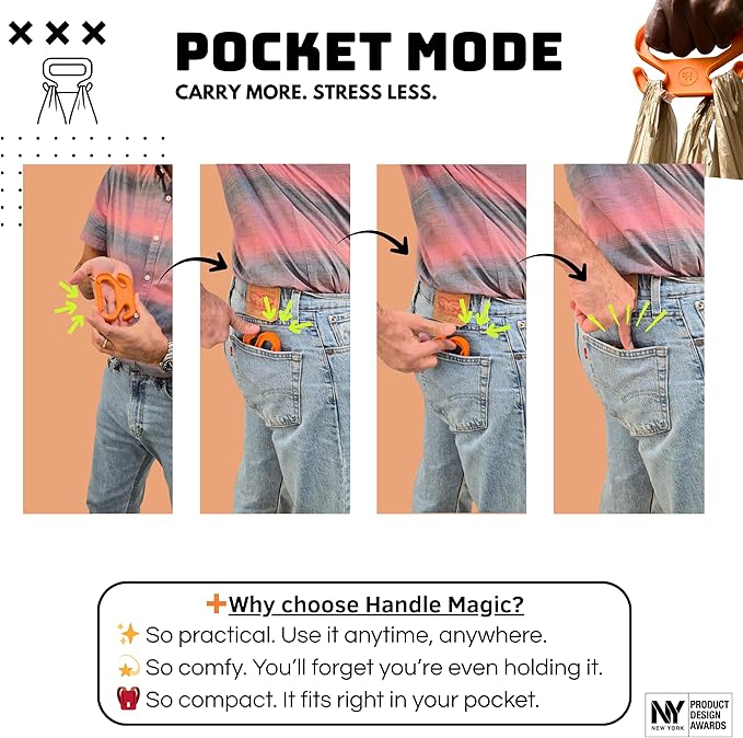Handle Magic - (2 Units) Bag Carriers | Ergonomic Grip and Bag Holder | Pocket Size | Lightweight & Comfortable for Shopping & Travel - Made in USA (Blazing Orange)