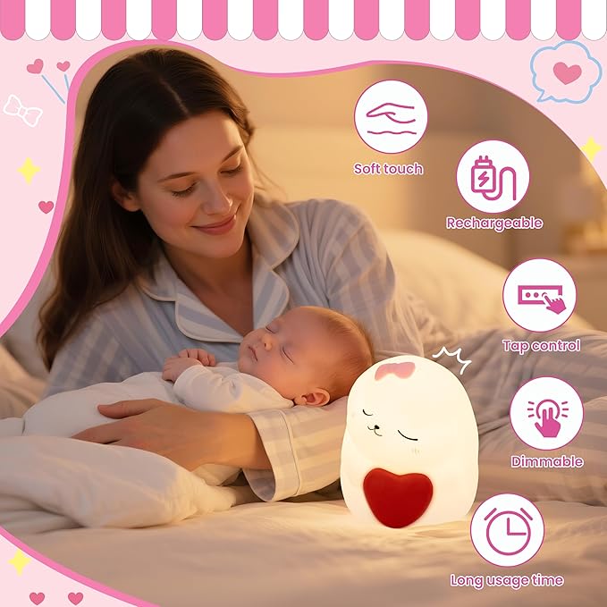loatme Night Light for Kids, Rechargeable Dimmable Silicone LED Nightlight with 7 Colors, Baby Nursery Night Lamp, Touch Squishy Lamp, Cute Gifts for Girls, Boys, Toddler Room Decor, Rabbit