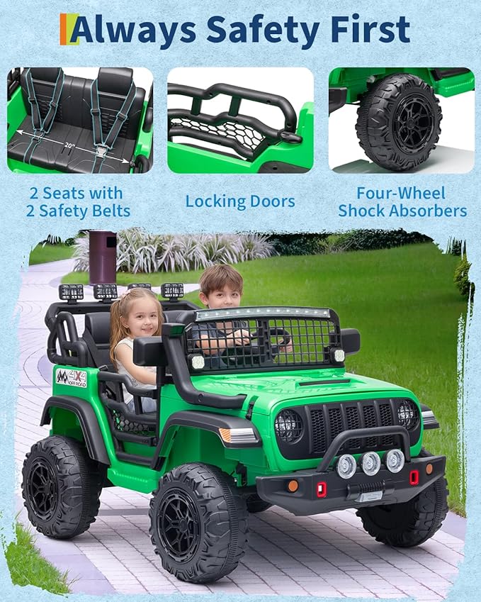 2 Seats 24V Kids Electric Ride on Car with Remote Control, 20" Large Seat with 2 Safety Belts, Two 200W Battery Powered Electric Vehicle for 3+ Years, LED Light,Music,Horn,USB Port, Riding Toy,Green