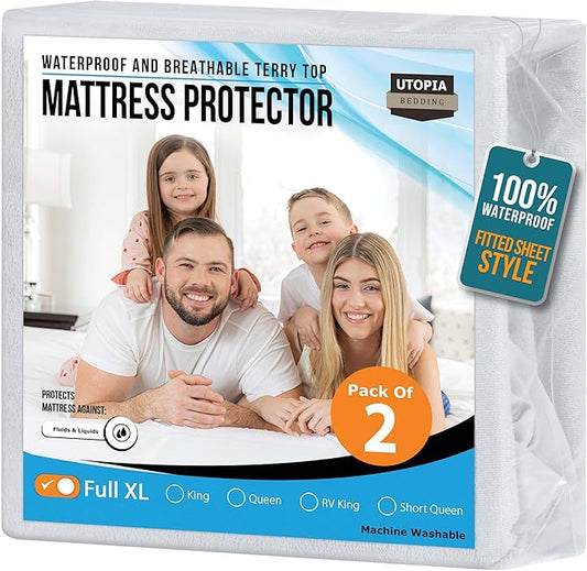 Utopia Bedding Waterproof Mattress Protector Full XL Size 2 Pack, Premium 200 GSM Terry Mattress Cover, Soft & Breathable Bed Cover, Fitted Sheet Style with Stretchable Deep Pockets 15" (White)