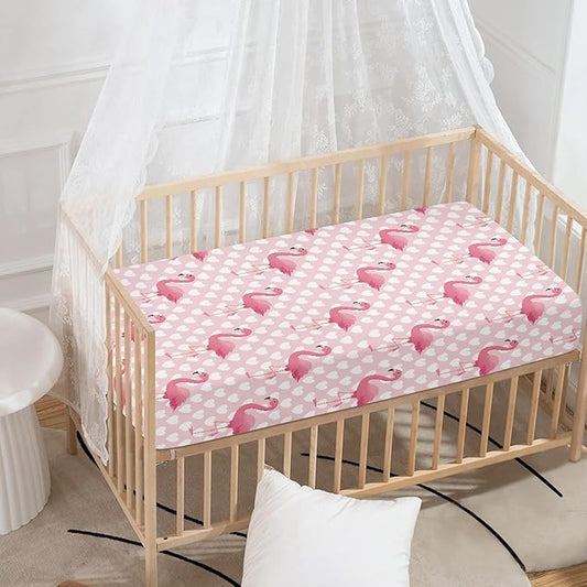 Pink Flamingo Fitted Crib Sheet for Boys Girls Love Heart Baby Sheet for Standard Crib and Toddler Beautiful Tropical Flamingos Nursery Bed Mattress Sheets 28"x52"