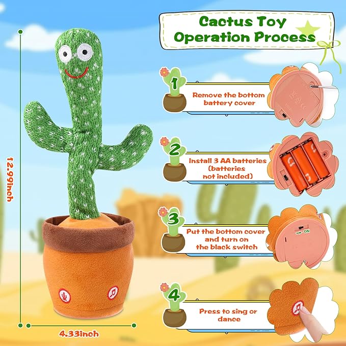 Talking Cactus Toy for Babies 6+ Months & Toddlers - Dancing Singing Repeating Cactus Toy with 120 Songs & Lights, Interactive Plush Gift for Kids Age 1 2 3 4 5 6