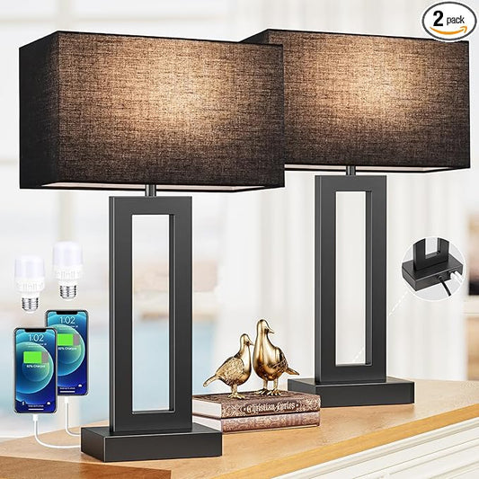 Modern 22" Tall Bedside Lamps - Touch Control, USB C+A, 3 Way Dimmable, Set of 2 (Black)